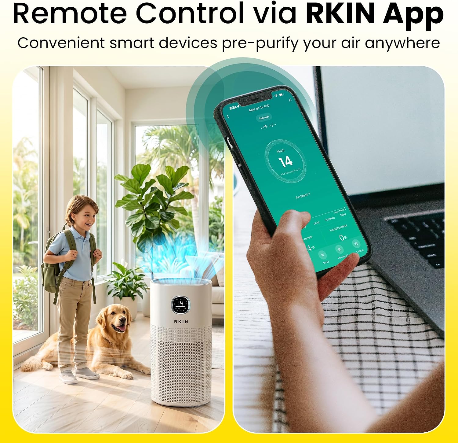 RKIN HEPA 14 Smart Air Purifier - Large Room Air Purifier with PM2.5 Monitor, WiFi & App Control for Pet Hair, Odors, Pollen & Smoke for Home, Covers Up to 663 Ft², Auto, Turbo, and 29.5db Sleep modes